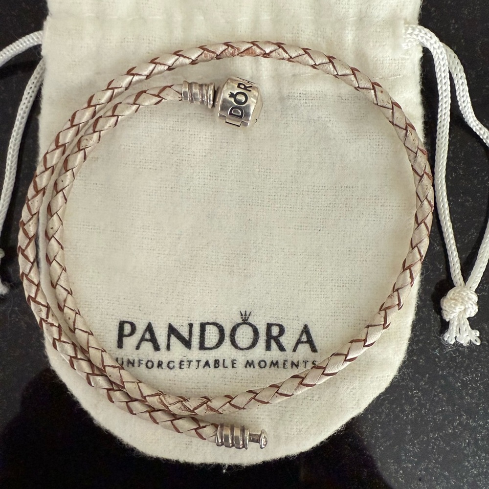 Authentic Pandora Double Wrapped Leather Bracelet with Sterling Silver Clasp.